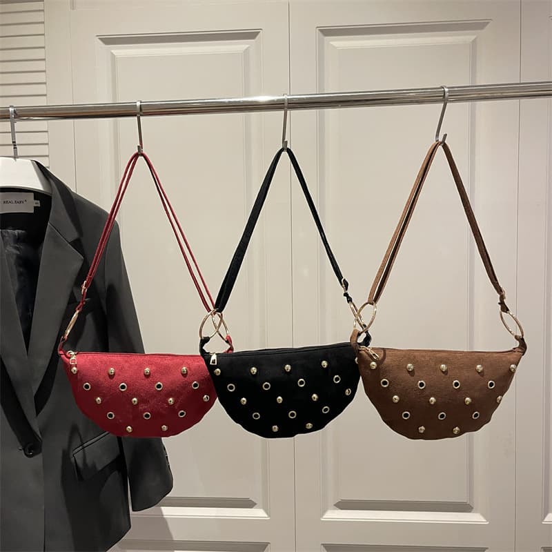 2026 New Arrival Stylish Motorcycle Trend Suede Rivet Textured Design Large Capacity Underarm Shoulder Bag