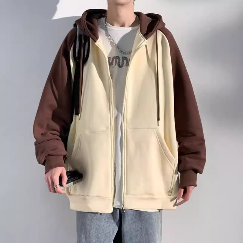 Men's hooded cardigan sweatshirt color matching can be opened twice loose cardigan couple jacket men's autumn simple coat top fashion