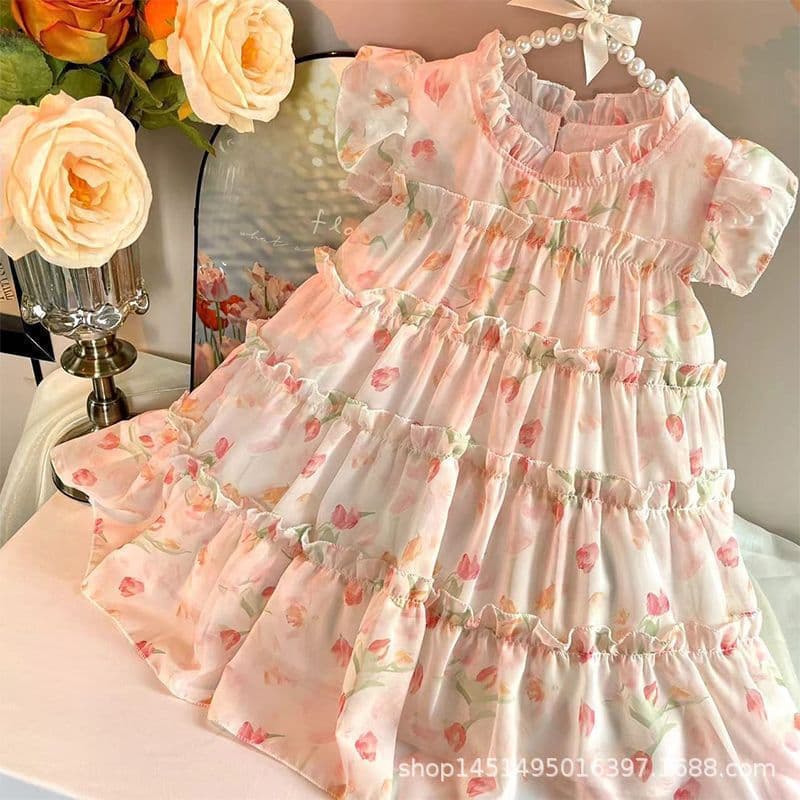 Girls Summer Dress 2026 New Style Fashionable Vacation Short Dress Floral Print Birthday Party Gown