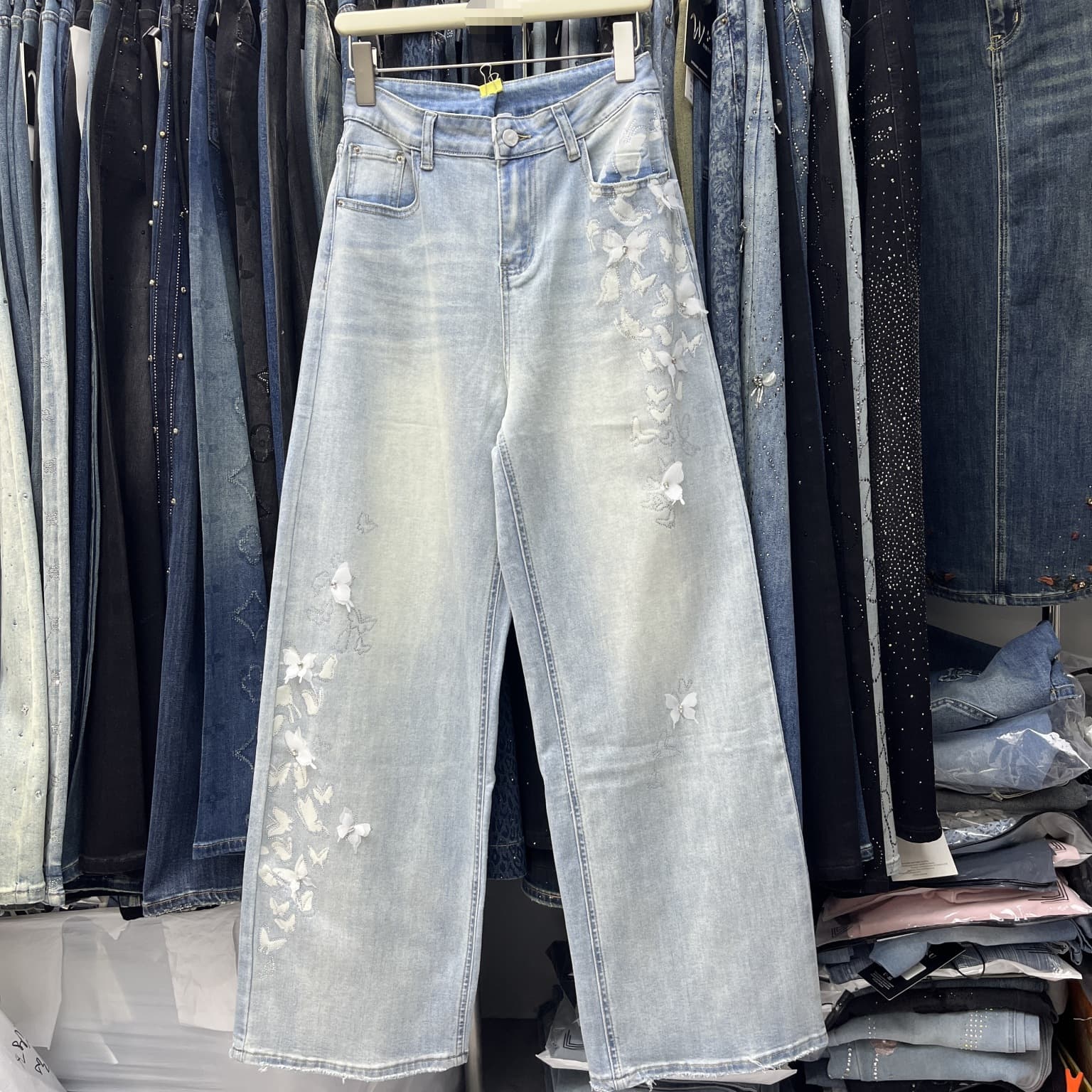 Amazon Cross-border Trade Summer New Fashion Flower Wide-leg Jeans for Women Loose Design Straight-leg Pants