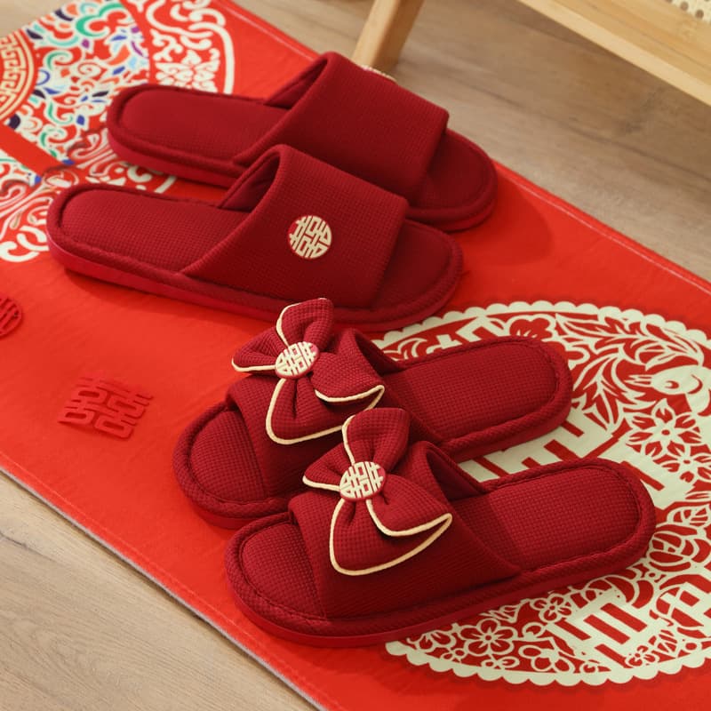 Wholesale 2026 New Wedding Slippers for Men and Women, Indoor Non-Slip Soft-Soled Couple Slippers, Red Festive Newlywed Dowry