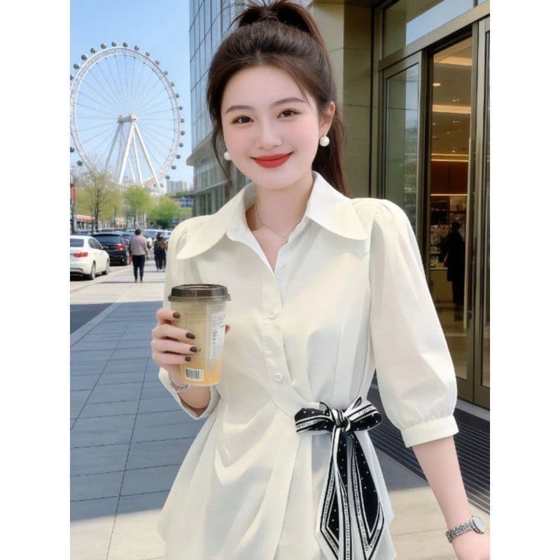 Seven-Sleeve Casual Chic Blouse Spring Summer New Arrival French Fashion Design Waist-Tightening Slimming Top