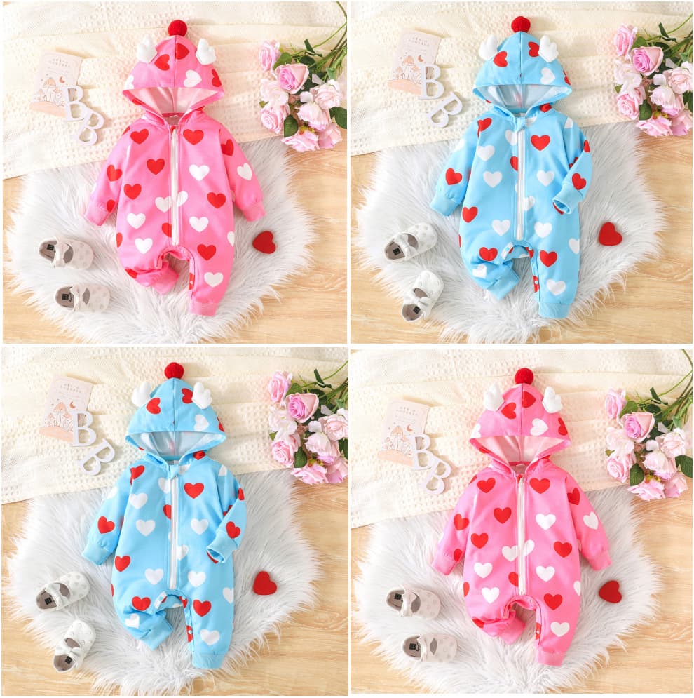 Spring and Autumn Valentine's Day New Arrivals: Cute Wing-Decorated Love-Patterned Hooded Onesies for Infants and Toddlers, In Stock