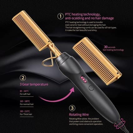 Cross-Border Direct Mini Portable Hair Straightening Brush Factory Direct Supply Styling Comb Handheld Plug-in Copper Comb Hair Smoother