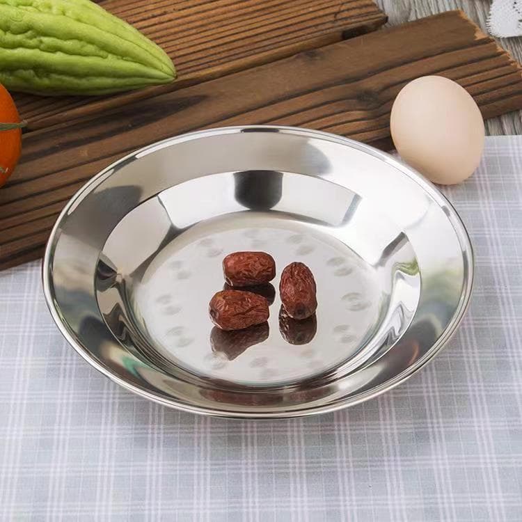 Stainless Steel Round Non-Magnetic Plate Thickened Fast Food Tray Bone Dish Deep BBQ Plate Fruit Plate Factory Direct
