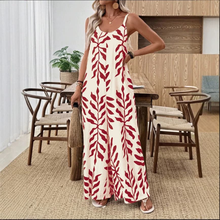 Cross-border Women's Jumpsuit Elegant V-Neck Bohemian Vacation Style Leaf Print Pocket Jumpsuit