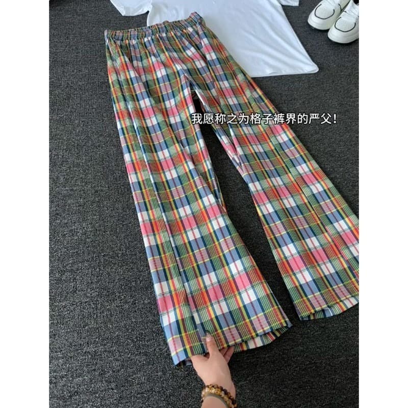 American Streetwear Rainbow Plaid Casual Pants for Men and Women, Summer New Retro Rogue Design Loose Straight-Leg Pants