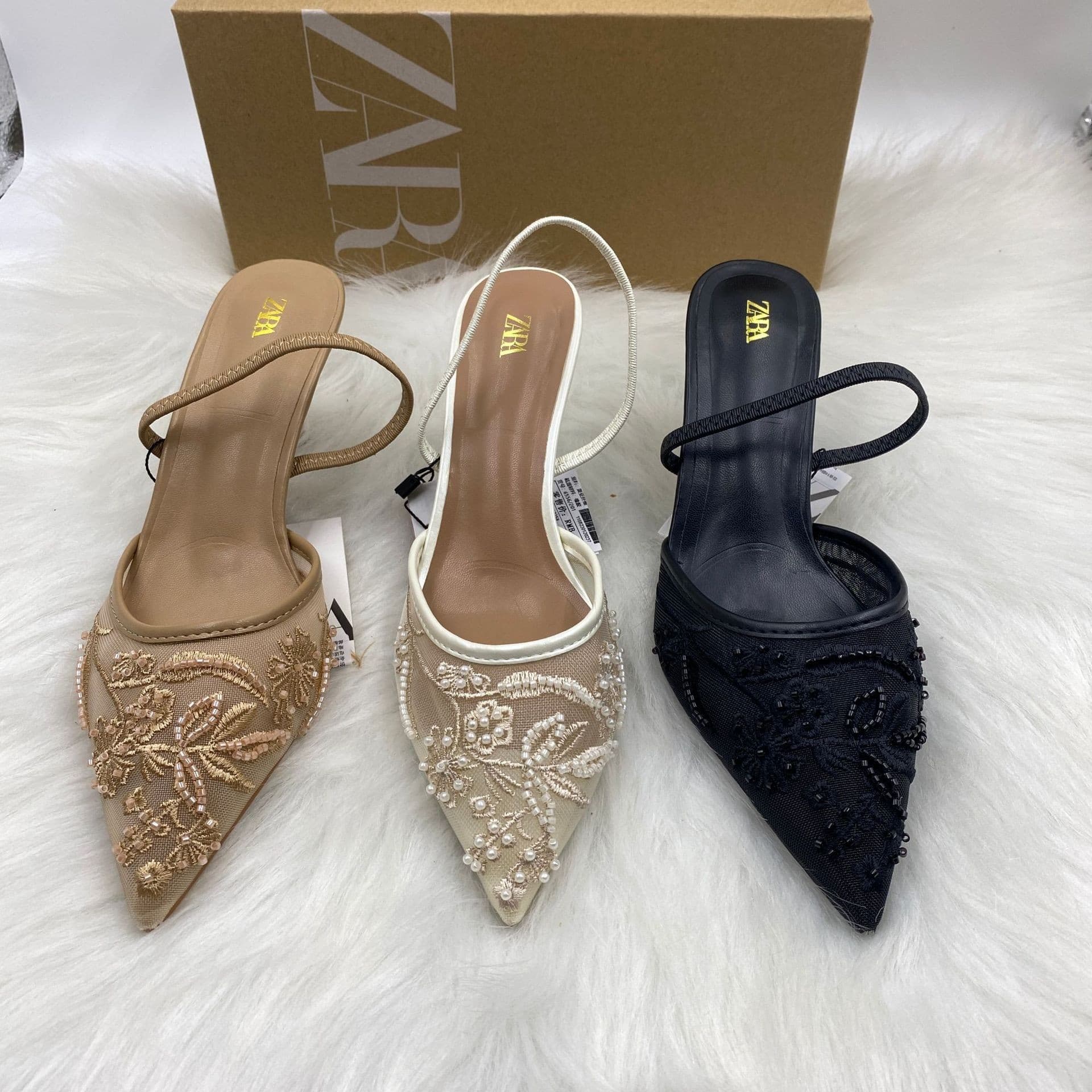 ZA2026 Spring New Pointed Toe Beaded Mesh Embroidered High Heels with Back Strap, Fashion Women's Shoes