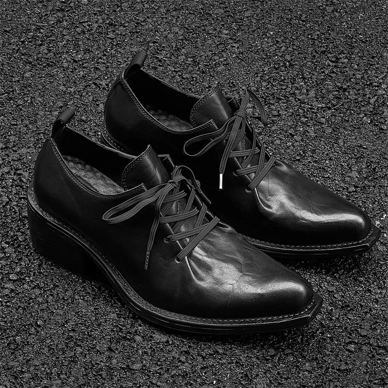 2024 New Niche Wrinkled Pointed Toe Men's Leather Shoes Thick Sole Derby Shoes 12127-J