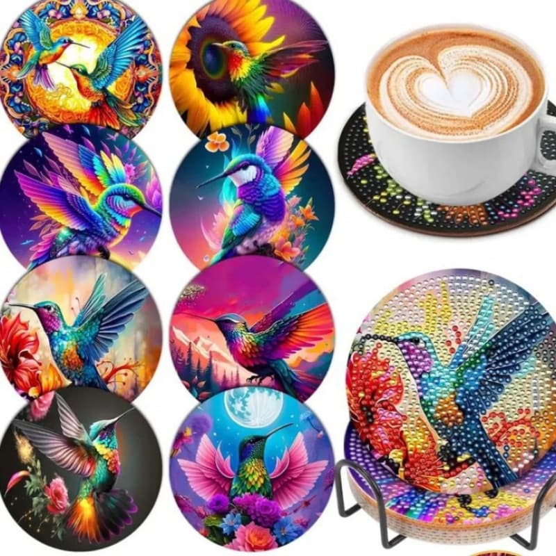 5D5D Cross-Border New Product 8-Pack Red Letter Pattern Handmade DIY Diamond Painting Heat-Resistant Non-Slip Coasters with Stand