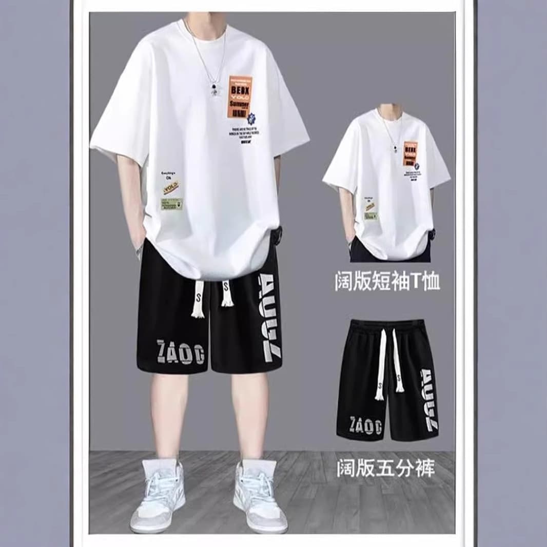 Summer Youth Suit Boys Short-Sleeved T-Shirt Half-Sleeve New Style High School Student Trendy Casual Sports Two Pieces