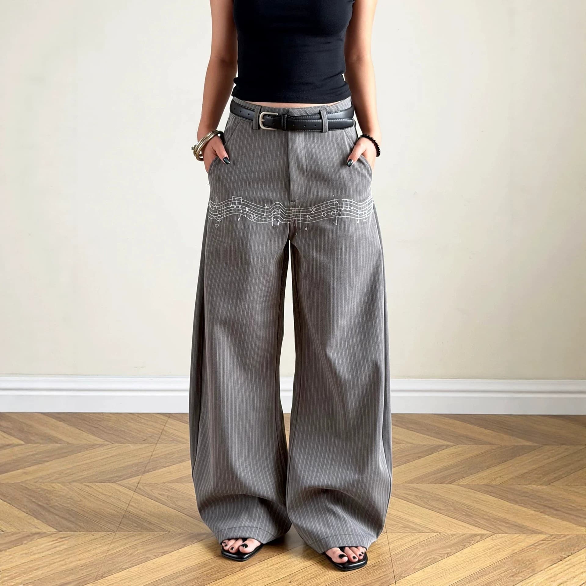 2026 musical note embroidery drape striped scimitar trousers for men and women new retro loose straight wide leg casual pants