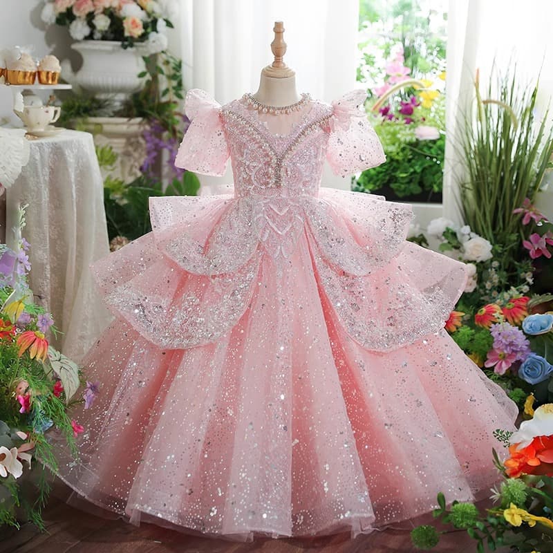 High-end girls birthday princess dress pink light luxury niche children's host piano singing competition performance dress