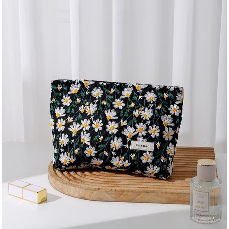 Cotton Embroidered Flower Makeup Brush Cosmetic Bag Portable Travel Organizer Large Capacity Skincare Storage Pouch