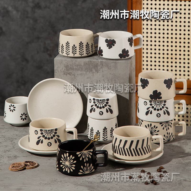 Chao Mu retro ceramic coffee cup and saucer set Japanese wabi-sabi style handmade old stoneware cup and saucer ready for sale