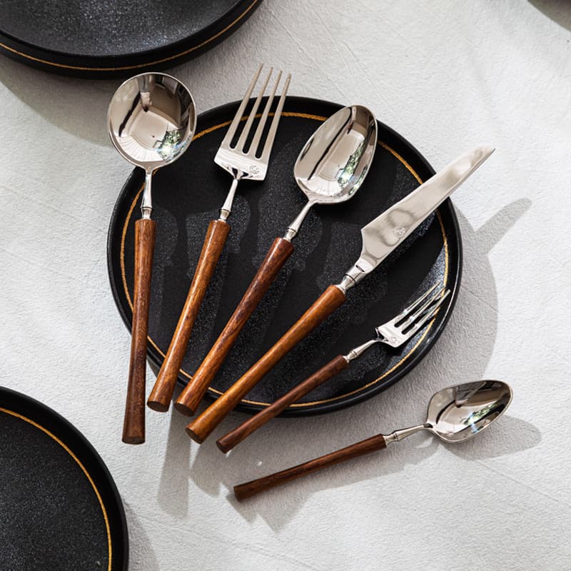 Waist Slim 304 Stainless Steel Tableware Light Luxury Rosewood Handle Spoon Knife Fork Spoon Set Wholesale