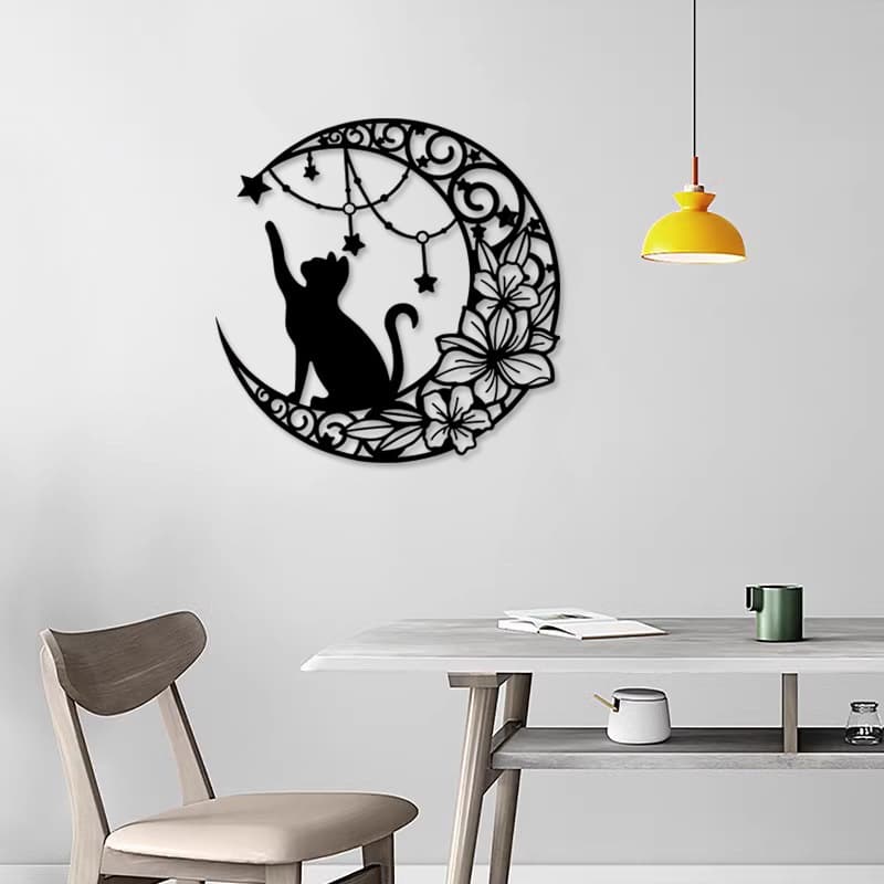 Cross-border iron black cat and moon wall metal silhouette, living room sofa cat wall hanging decoration.