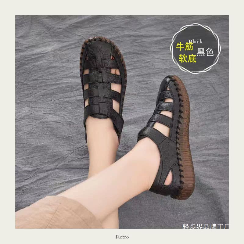 Real soft leather beef tendon soft bottom Baotou mom sandals women's summer flat comfortable clogs non-slip elderly leather shoes