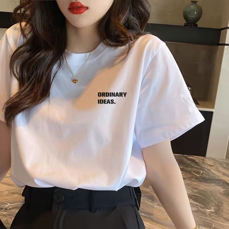 European white right shoulder short-sleeved T-shirt for women 2025 summer new loose design printed basic top ins