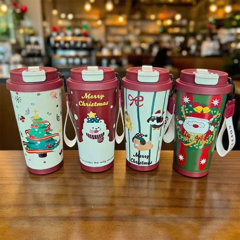 2025 Christmas Cartoon New Lily of the Valley Cup High-Quality Winter Insulated Mug with 3D UV Printed Pattern and Dual Straw Lid