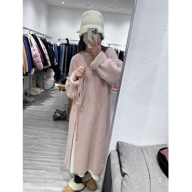Korean Lazy Style Knit Dress for Women 2025 Spring/Autumn New Loose Pullover Side Slit Over-the-Knee Mid-Length Sweater Dress