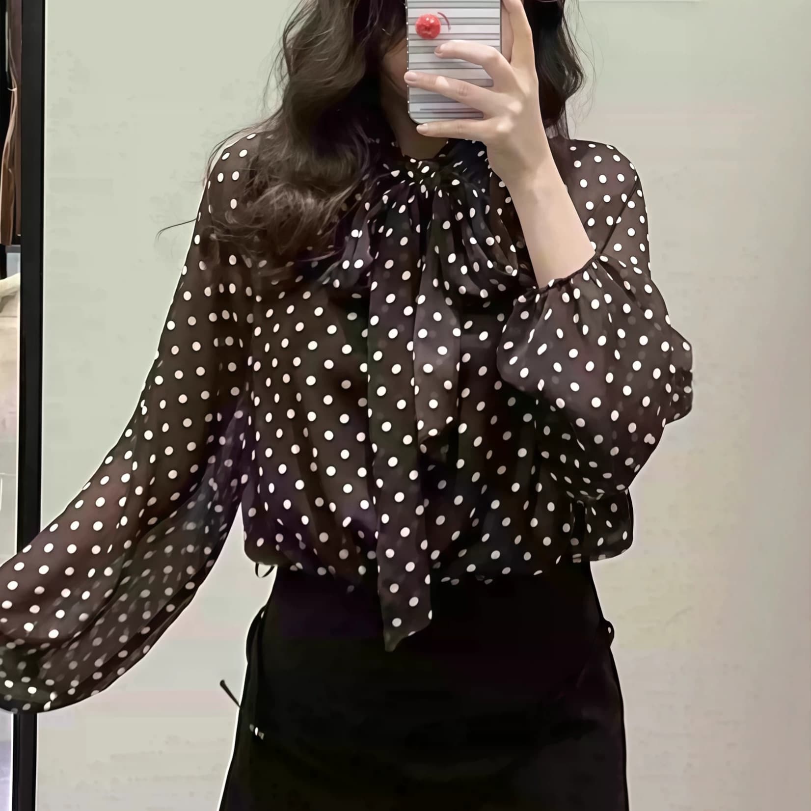 Spring/Summer New Polka Dot Blouse with Bow Tie Stand Collar Chiffon Lightweight Long Sleeve Top Women 2075107