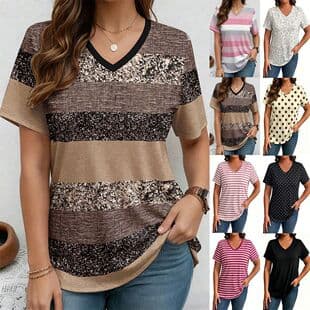 European and American Plus Size Women's Striped Polka Dot Leopard Print Loose Slimming Casual Top V-Neck Printed Short Sleeve T-Shirt