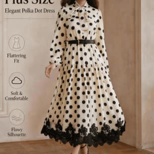 Cross-border EU/US Amazon Fall New Arrival Polka Dot Print Midi Dress Long Sleeve Bow Tie Waist