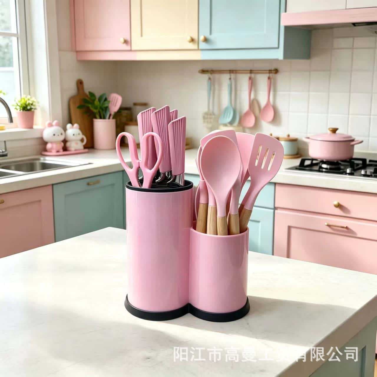Source Factory Stainless Steel Kitchen Knives Silicone Cylinder Block 19-Piece Set for Export and Cross-Border Wholesale, Color Box Packaging