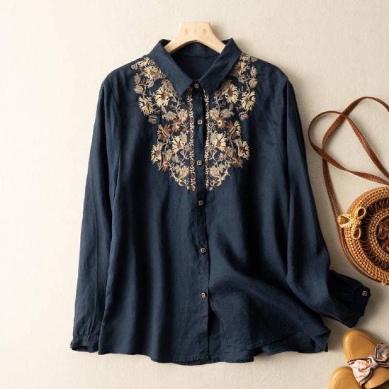 Artistic Retro Ethnic Style Embroidery Cotton Linen Shirt 2026 Spring Autumn Loose Fit Long Sleeve Top