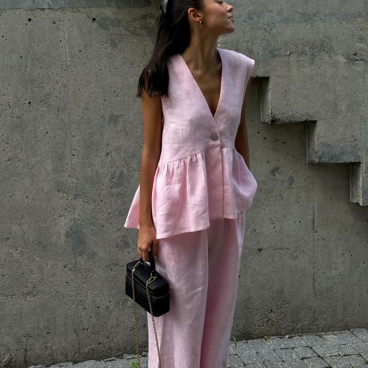 2025 Cotton V-Neck Sleeveless Top Vest and Long Pants Set for Women European and American New Solid Color Elegant Commuter Two-Piece Set