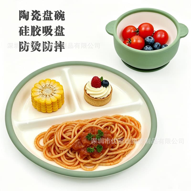 Cross-border Exclusive Ceramic Baby Food Bowl with Silicone Suction Base Divided Plate Drop-proof Anti-scald Tableware Custom