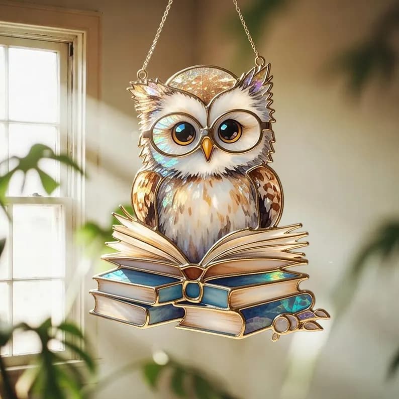 Owl Window Sun Catcher Colorful 2D Flat Acrylic Bird Windows Owl Reading Window Decor