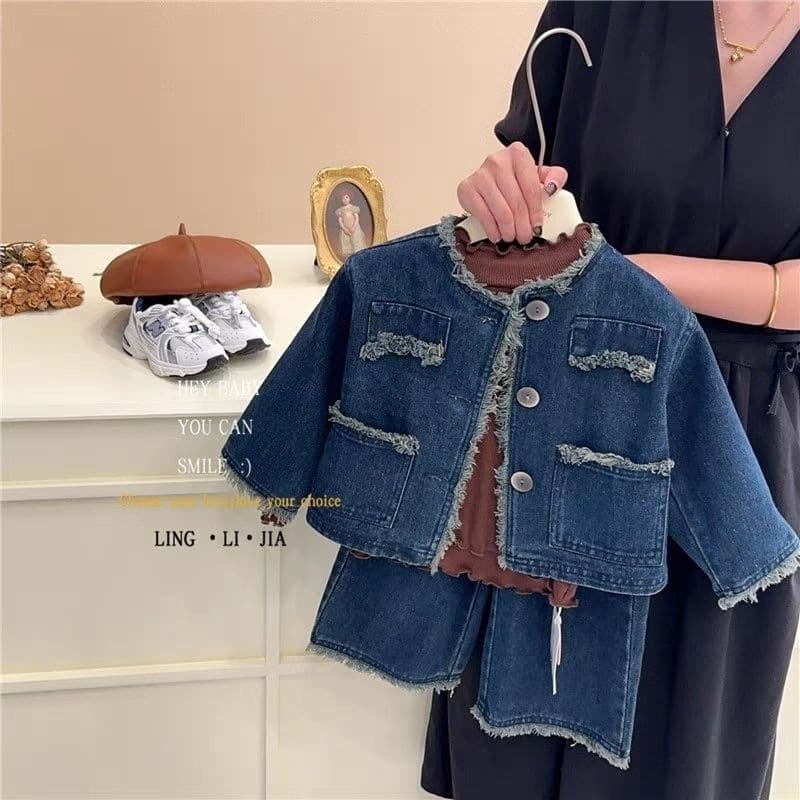 Girls denim suit autumn and winter washed denim long-sleeved top + wide-leg jeans set girl jacket