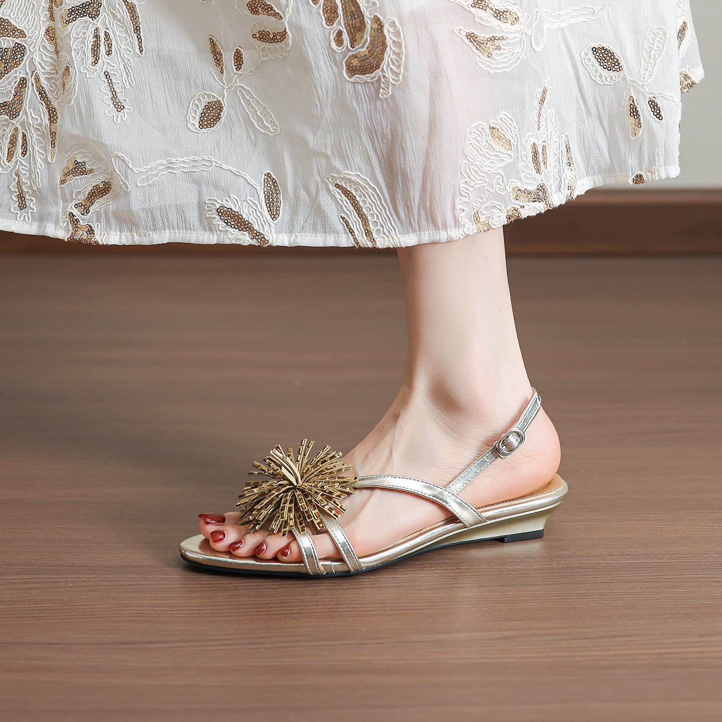 Sheepskin French Rhinestone One-Strap Sandals Women's New Firework Low Wedge Flat Shoes Summer Large Size Exquisite Women's Shoes