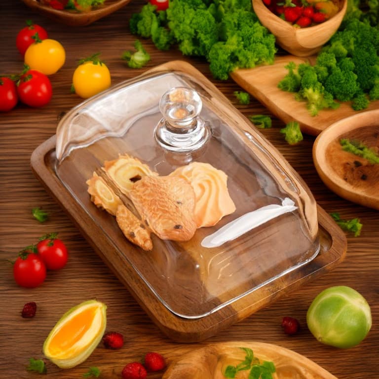 Cross-border popular rectangular acacia wood butter dish with glass lid, cheese butter plate, snack dessert cake plate