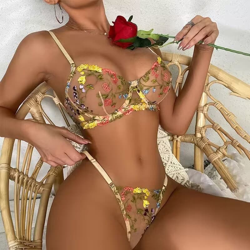 Foreign trade cross-border European and American style sexy see-through pastoral yellow floral bra T-string sexy underwear set on behalf of