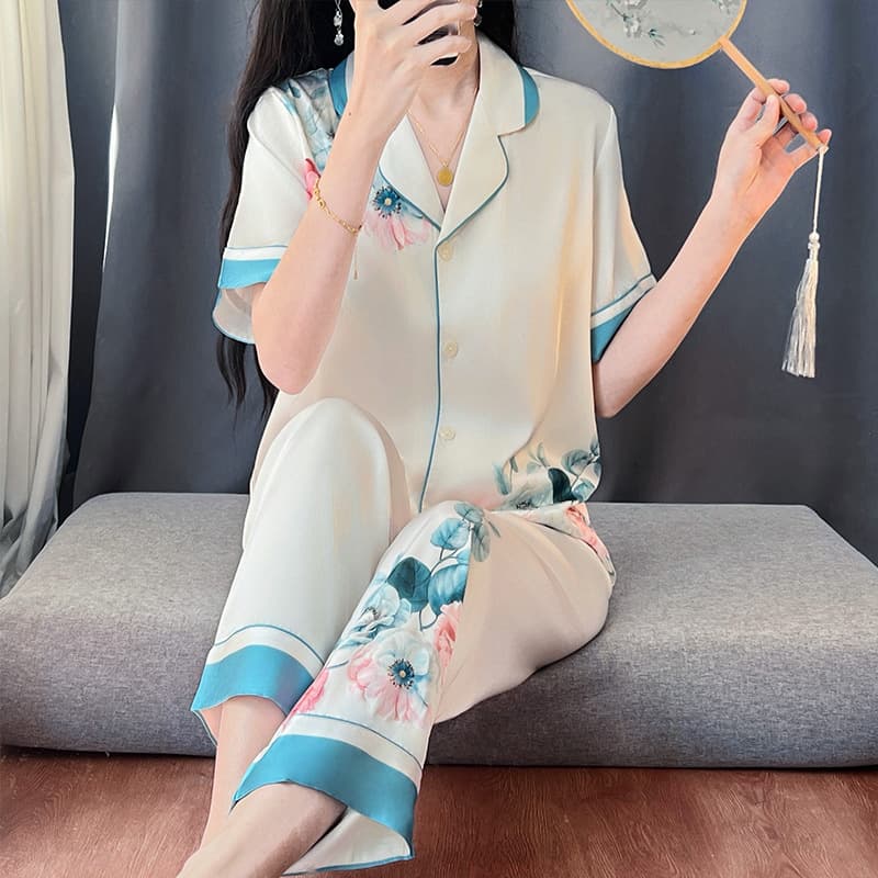 2025 Women's Pajama Set Summer Cool Ice Silk Short Sleeve Long Pants Cardigan Simple Style Two-Piece Loungewear