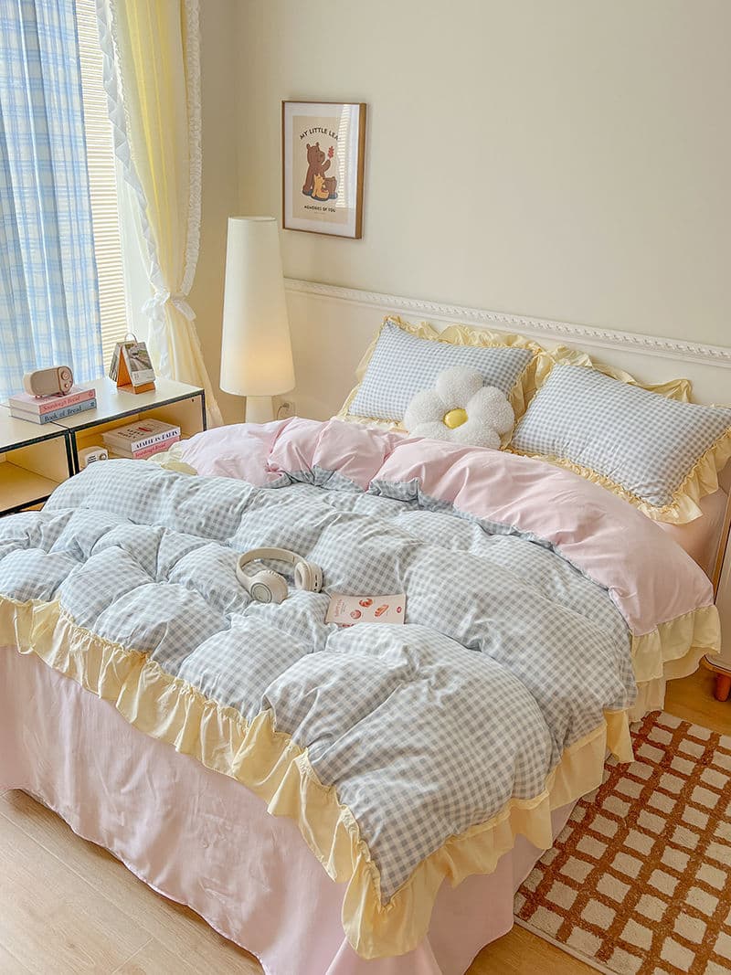 Lace-trimmed Korean-style lotus edge water-washed cotton four-piece set, princess-style student dormitory bed sheets and quilt covers