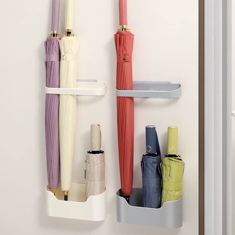 Wall-mounted umbrella holder for home entryway, no-drill installation, accommodates long and short handle umbrellas, box-style umbrella storage tube
