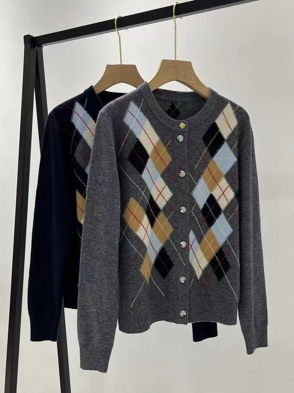 Scottish diamond pattern wool knitted cardigan~Autumn and winter classic British college style round neck sweater jacket