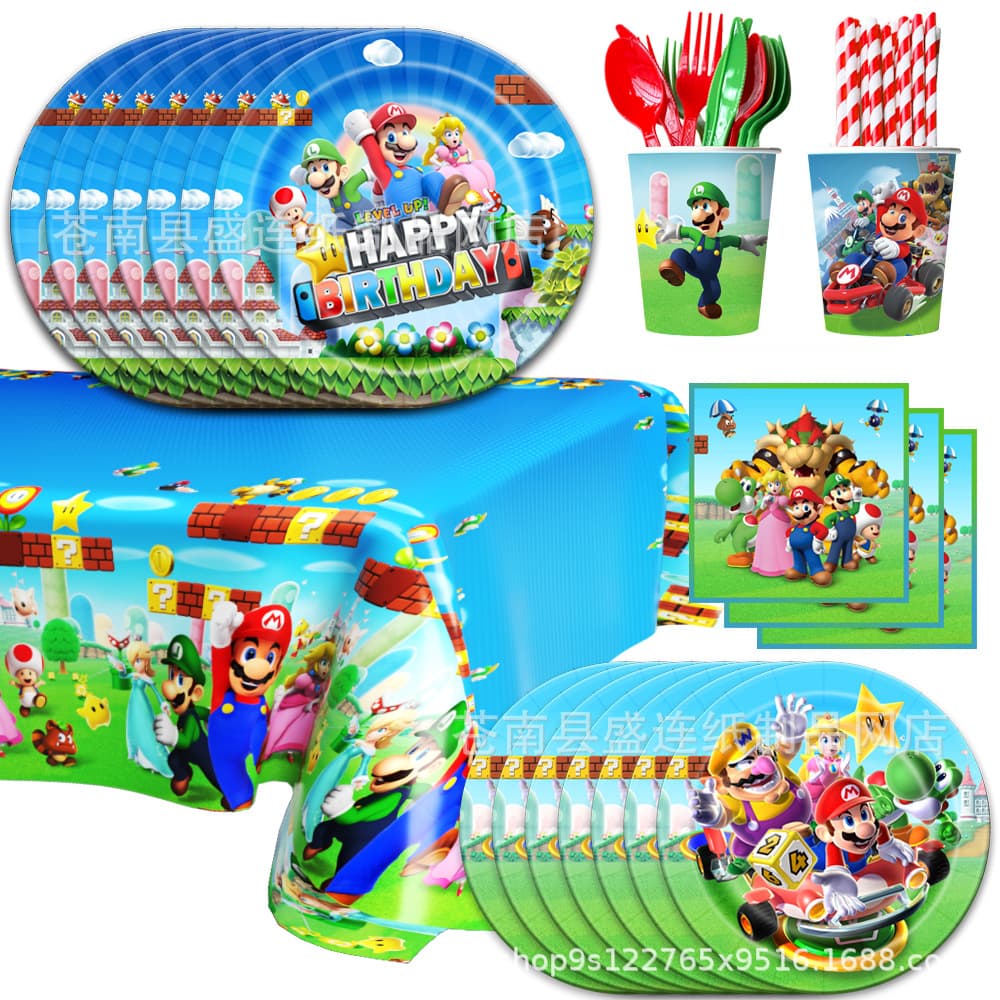 Mario Game-Themed Party Holiday Banner 8-Person 4-Piece Set with Plates, Napkins, Cups, and Tablecloth