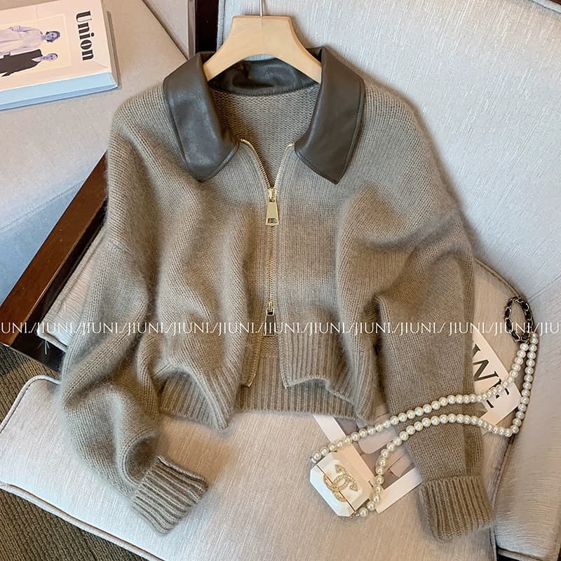 Autumn Winter Soft Chic Design Spliced Leather Collar Double Zipper Knitted Sweater Women Vintage Top Crew Neck Pullover