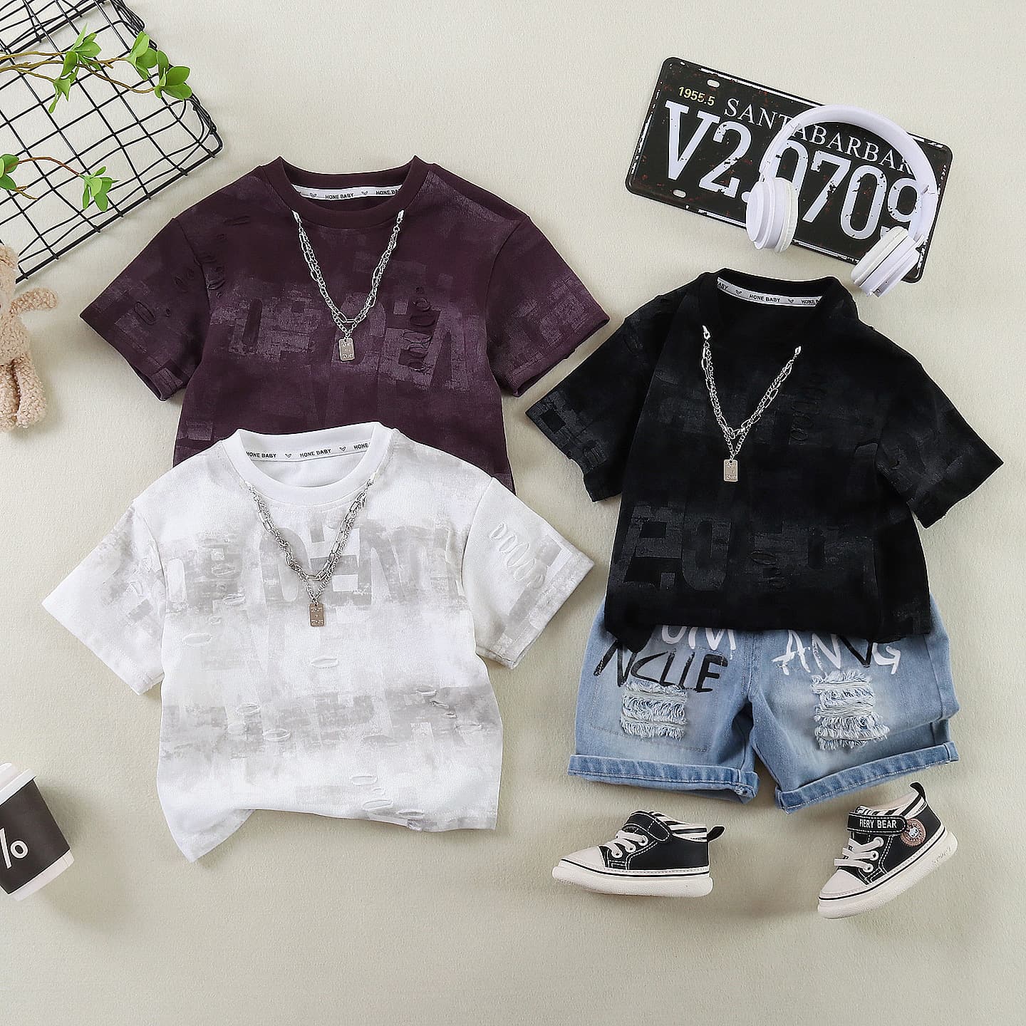 Boys' Summer Outfit Set, Trendy Kids' Short Sleeve Clothes 2026 New Style, Cool Baby Street Style Brand Kids' Wear