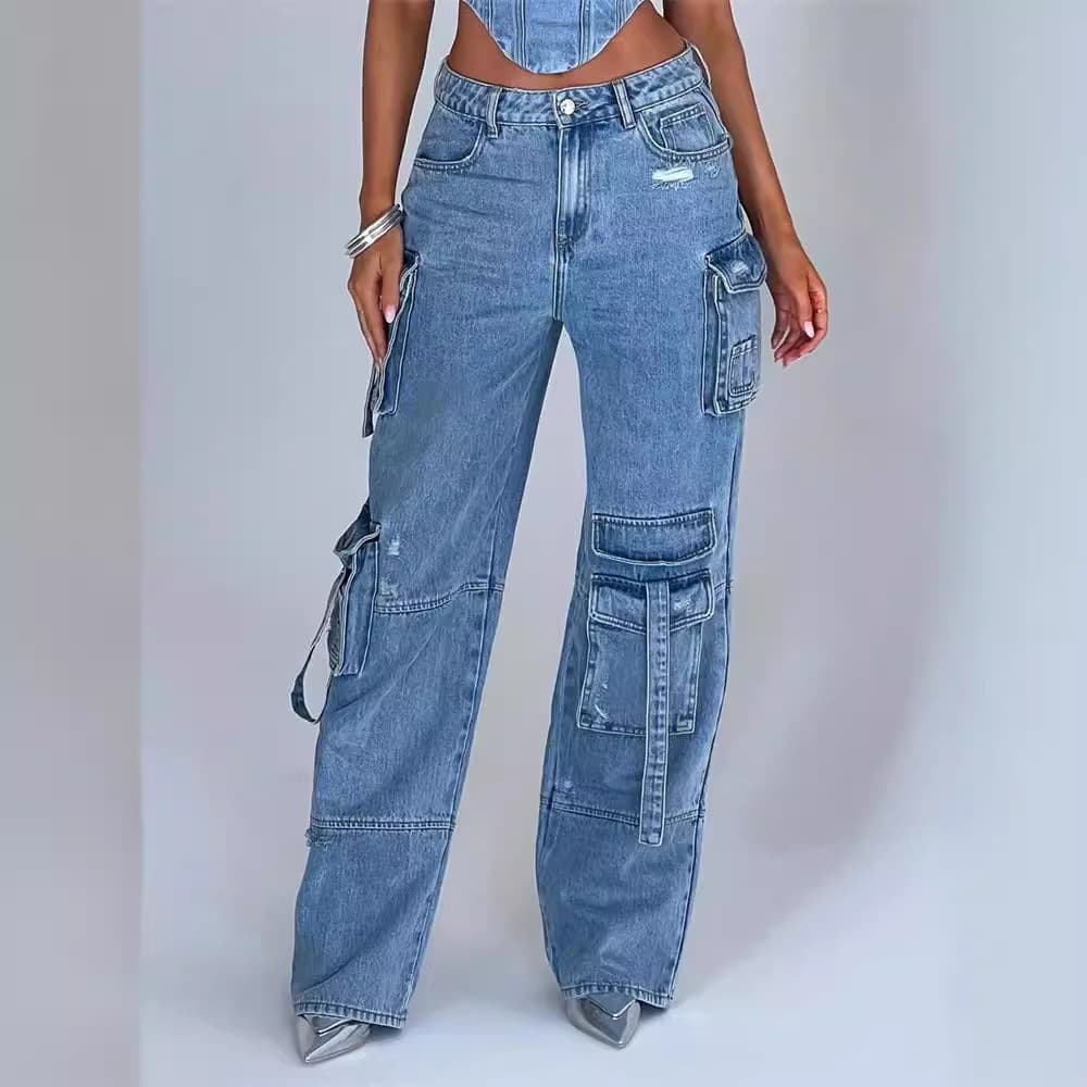 Long foreign trade hottie trousers straight multi-pocket denim overalls for women ins style loose casual pants for women