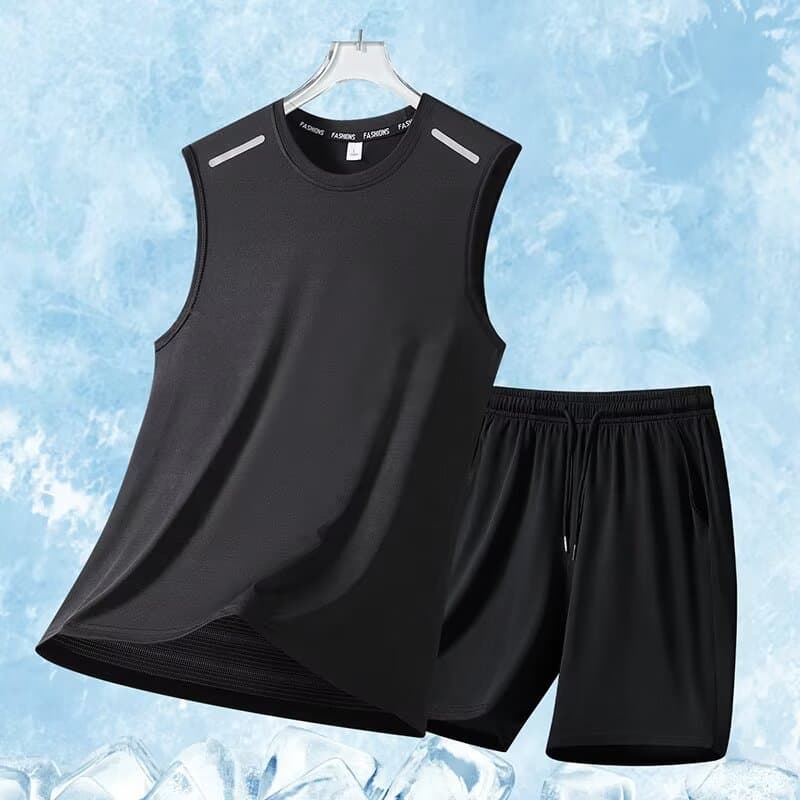 Ice Silk Vest Set Men's Summer Sports Tank Top and Shorts 2-Piece Quick-Dry Breathable Large Size Running 5-Inch Shorts