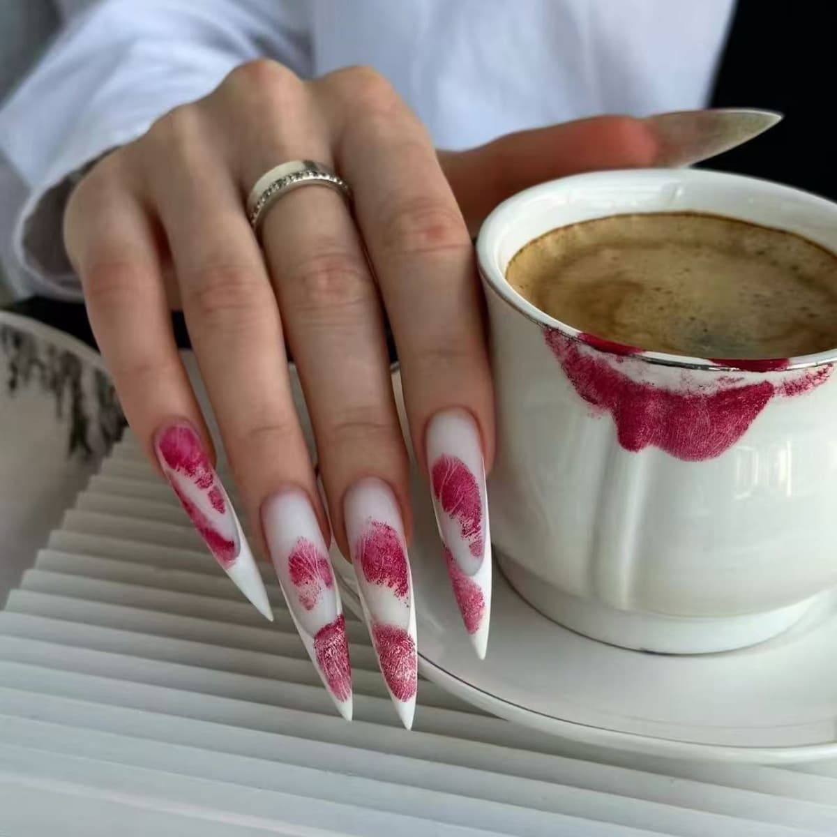 Valentine long almond white French matte lipstick lip print design wearable manicure fashion manicure nail polish