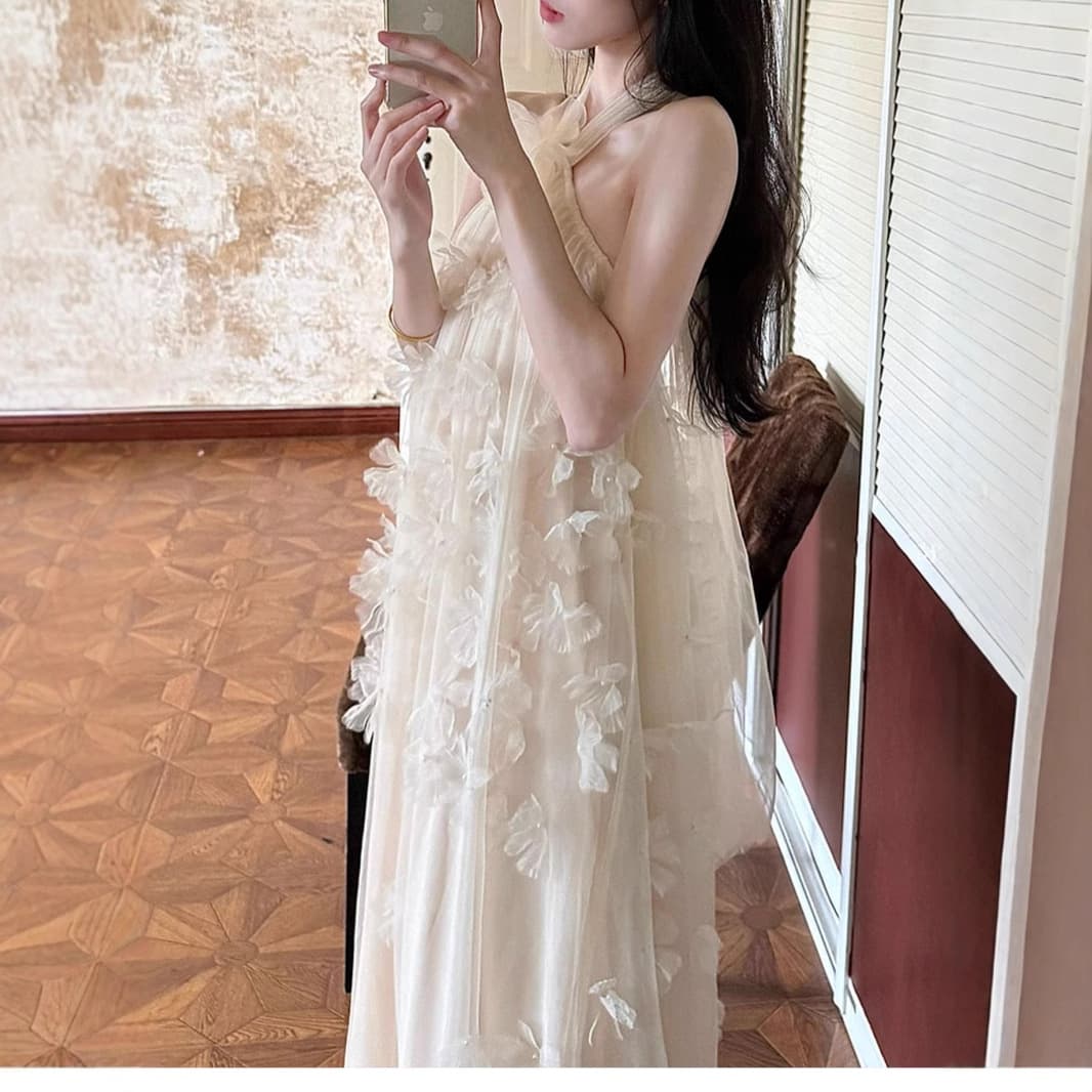 Women Beach Vacation Backless Halter Dress Evening Dress Sweet Puffy Dress High-End Luxury Niche