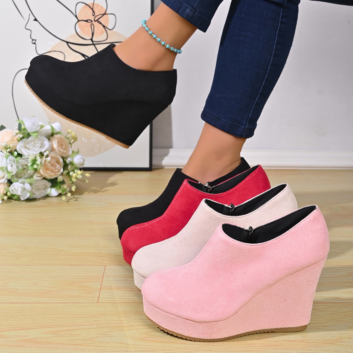 Cross-Border Hot Selling Casual Shoes, 2026 New Suede Wedge Heel Women's Shoes, Thick Platform, European-American Fashion Versatile Wedge Shoes Wholesale