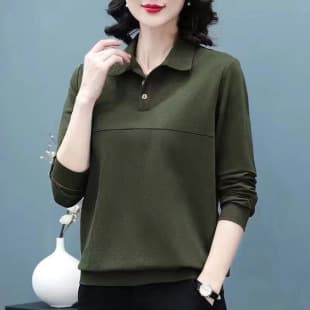 2025 Polo Neck T-Shirt for Women Spring Autumn Loose Slim Plus Size Korean Style Versatile Mother Solid Color Patchwork Top Wholesale